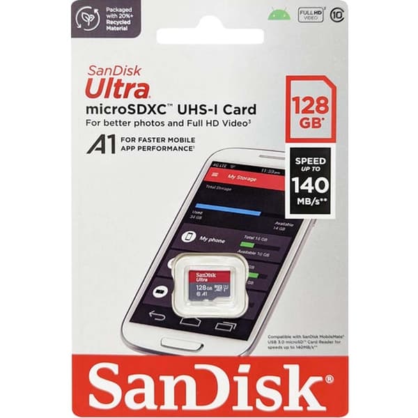 Thẻ Nhớ SanDisk 128GB Ultra microSDXC, Class10, UHS-1, 100MB/s R, 3x5 - SDSQUNR-128G-GN3MN